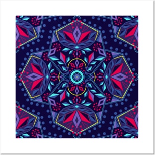 Navy Geometric Flower Mandala Posters and Art